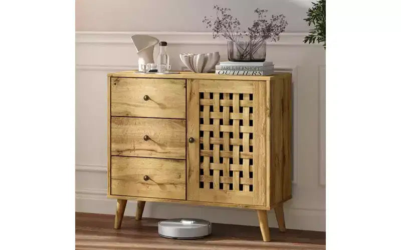 Heynemo Accent Cabinet with Drawers, Entryway Cabinet with Oak Legs, Wooden Decorative Sideboard Cabinet with Adjustable Shelf & Doors, Natural