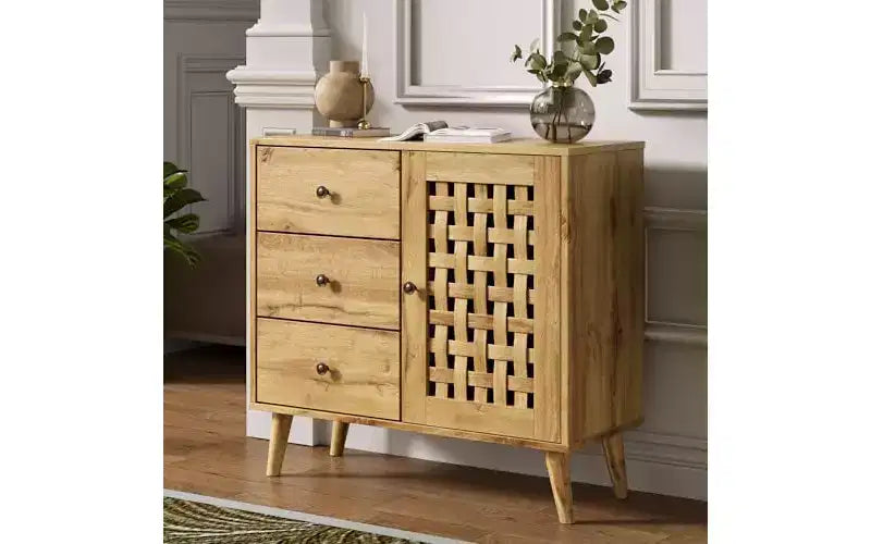 Meuble d'appoint avec tiroirs, Meuble d'entrée avec pieds en chêne, Buffet décoratif en bois avec étagère réglable et portes, Naturel