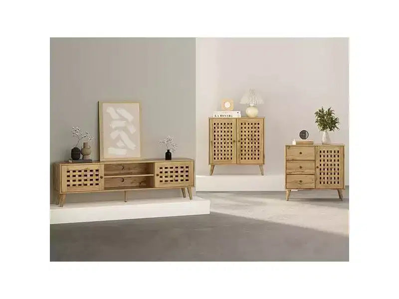 Meuble d'appoint avec tiroirs, Meuble d'entrée avec pieds en chêne, Buffet décoratif en bois avec étagère réglable et portes, Naturel