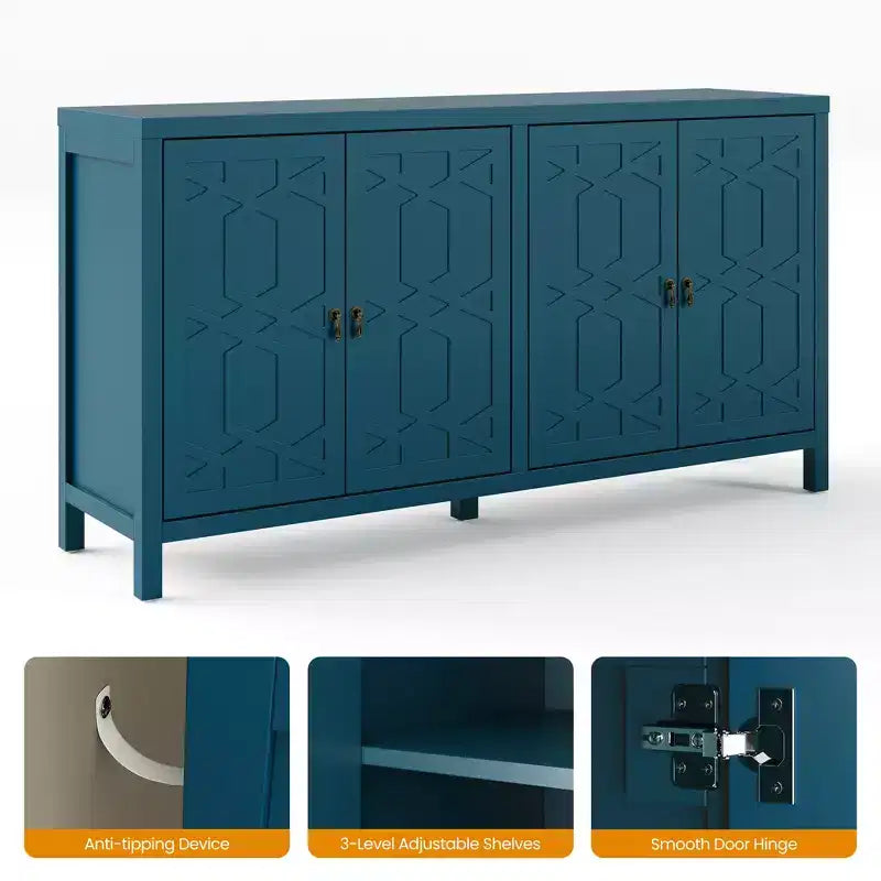 Buffet de salle à manger, buffet de 152 cm de style moderne du milieu du siècle avec 4 portes et étagères réglables, buffet pour entrée, bleu turquoise