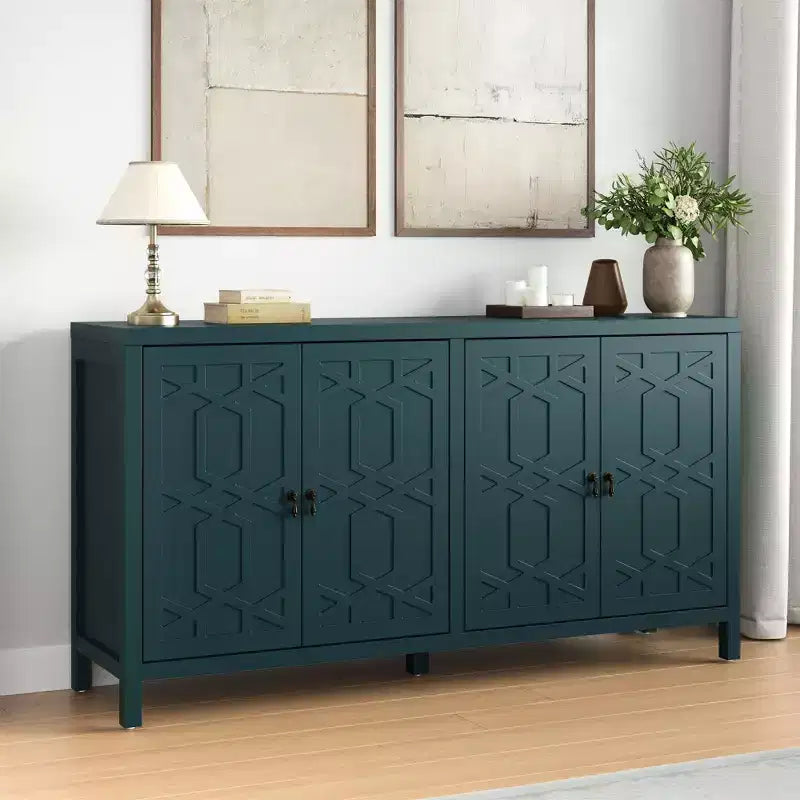 Buffet de salle à manger, buffet de 152 cm de style moderne du milieu du siècle avec 4 portes et étagères réglables, buffet pour entrée, bleu turquoise