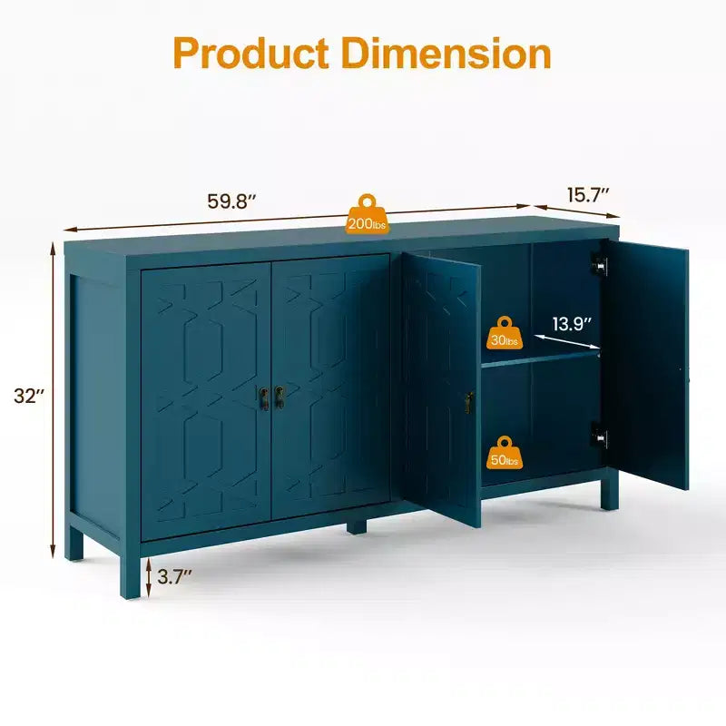 Buffet de salle à manger, buffet de 152 cm de style moderne du milieu du siècle avec 4 portes et étagères réglables, buffet pour entrée, bleu turquoise