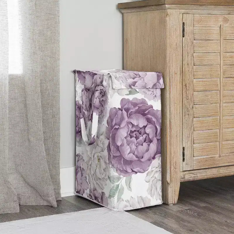 Panier à linge pliable pour fille avec poignées Jardin floral pivoine Lavande violette et ivoire