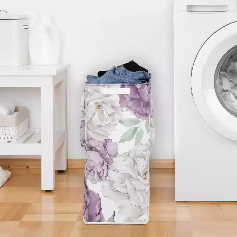 Panier à linge pliable pour fille avec poignées Jardin floral pivoine Lavande violette et ivoire