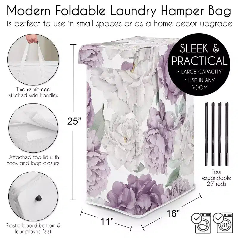 Panier à linge pliable pour fille avec poignées Jardin floral pivoine Lavande violette et ivoire