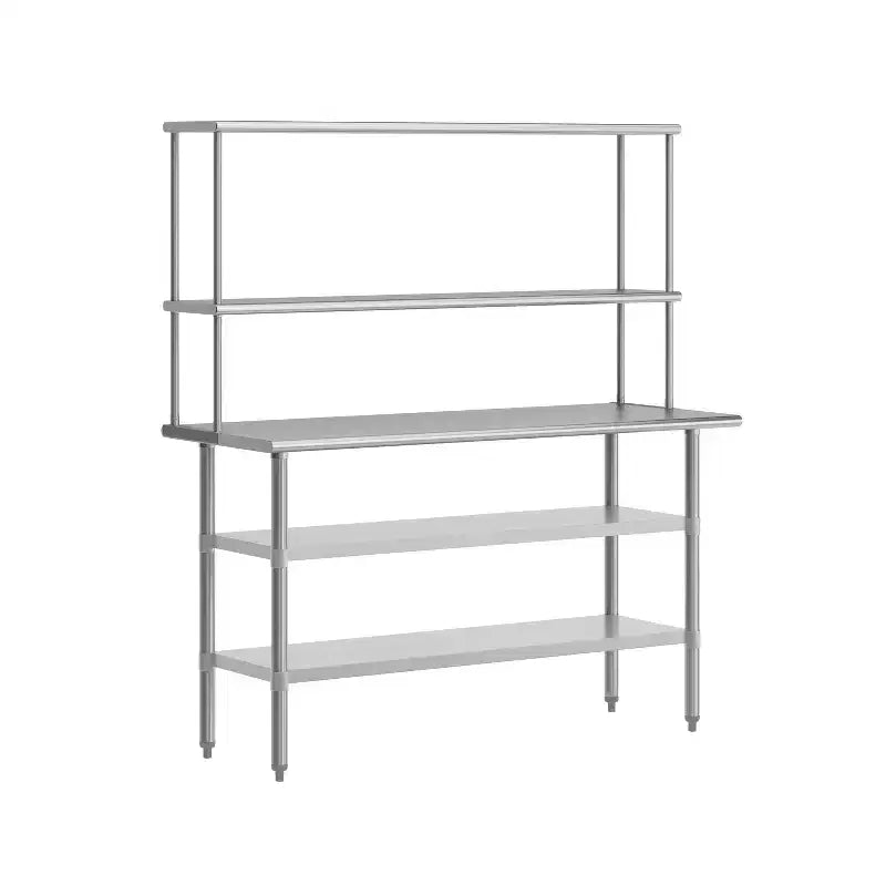 Flash Furniture Rawcliffe Portable Prep and Work Table with 18 Gauge Stainless Steel Top Shelf and Double Overshelves, 2 Galvanized Steel Undershelves