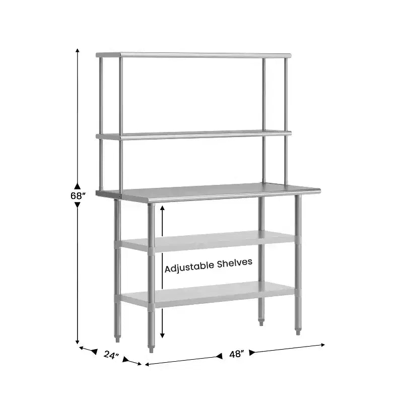 Table de préparation et de travail portable avec tablette supérieure en acier inoxydable de calibre 18 et deux sur-tablettes, 2 sous-tablettes en acier galvanisé