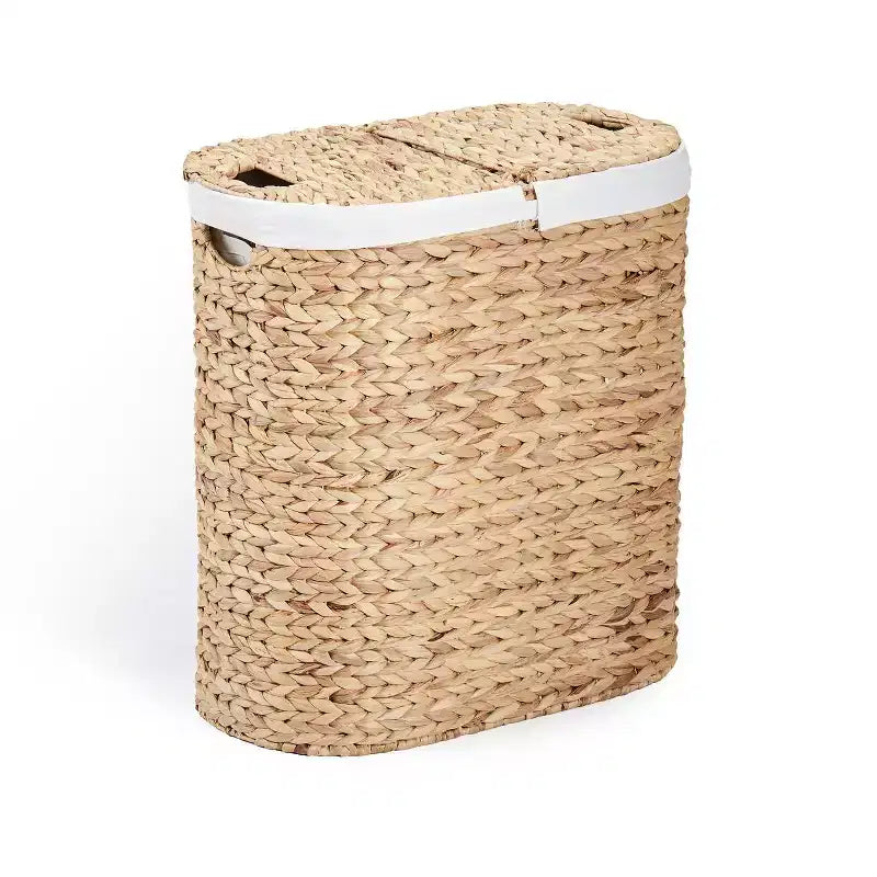 Seville Classics Hand Woven Water-Hyacinth Lidded Oval Double Laundry Hamper