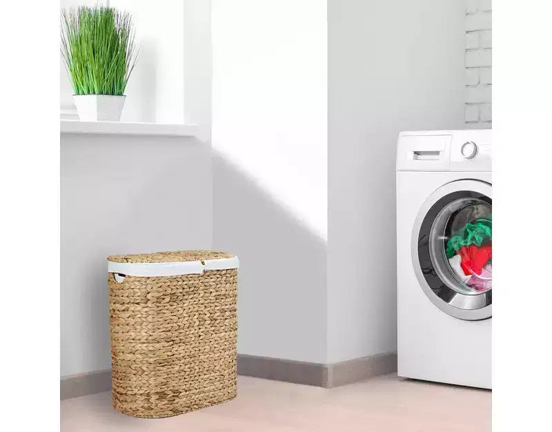 Panier à Linge Double Ovale Tressé à la Main en Jacinthe d'Eau avec Couvercle et 2 Sacs Amovibles Lavables, Panier à Linge en Osier pour Salle de Bain