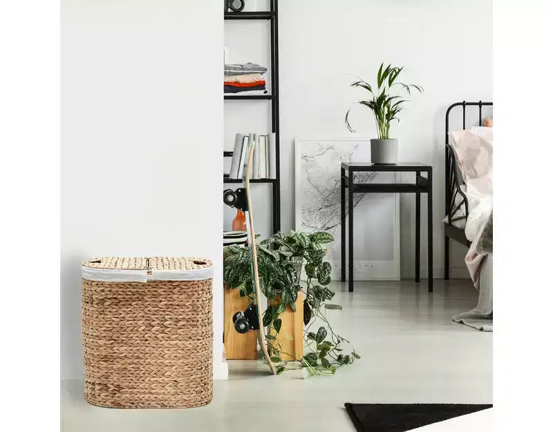 Panier à Linge Double Ovale Tressé à la Main en Jacinthe d'Eau avec Couvercle et 2 Sacs Amovibles Lavables, Panier à Linge en Osier pour Salle de Bain
