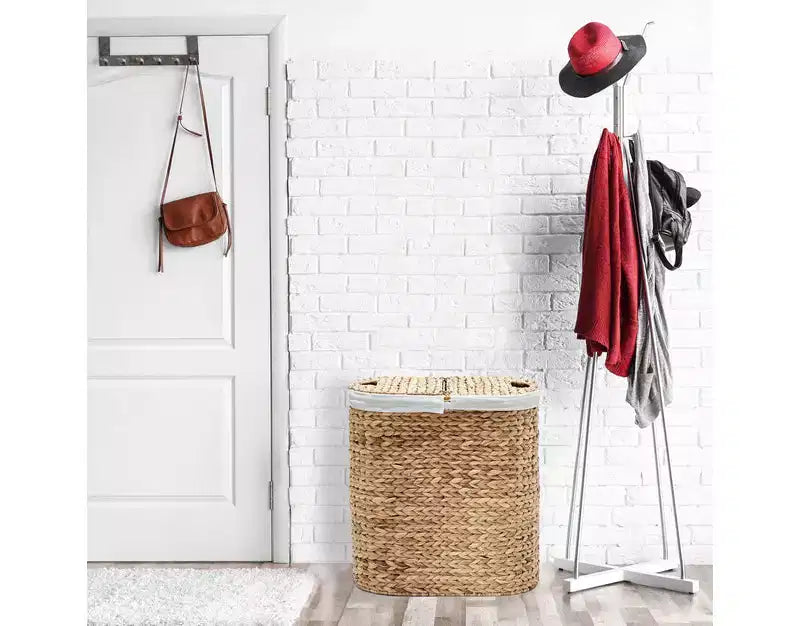 Panier à Linge Double Ovale Tressé à la Main en Jacinthe d'Eau avec Couvercle et 2 Sacs Amovibles Lavables, Panier à Linge en Osier pour Salle de Bain
