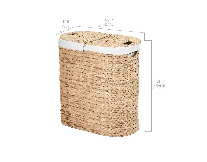 Panier à Linge Double Ovale Tressé à la Main en Jacinthe d'Eau avec Couvercle et 2 Sacs Amovibles Lavables, Panier à Linge en Osier pour Salle de Bain