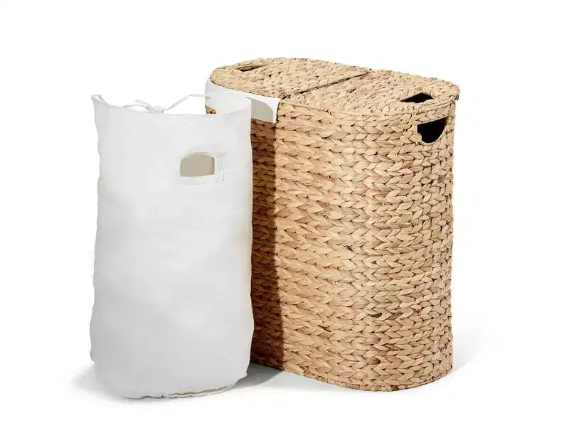 Panier à Linge Double Ovale Tressé à la Main en Jacinthe d'Eau avec Couvercle et 2 Sacs Amovibles Lavables, Panier à Linge en Osier pour Salle de Bain