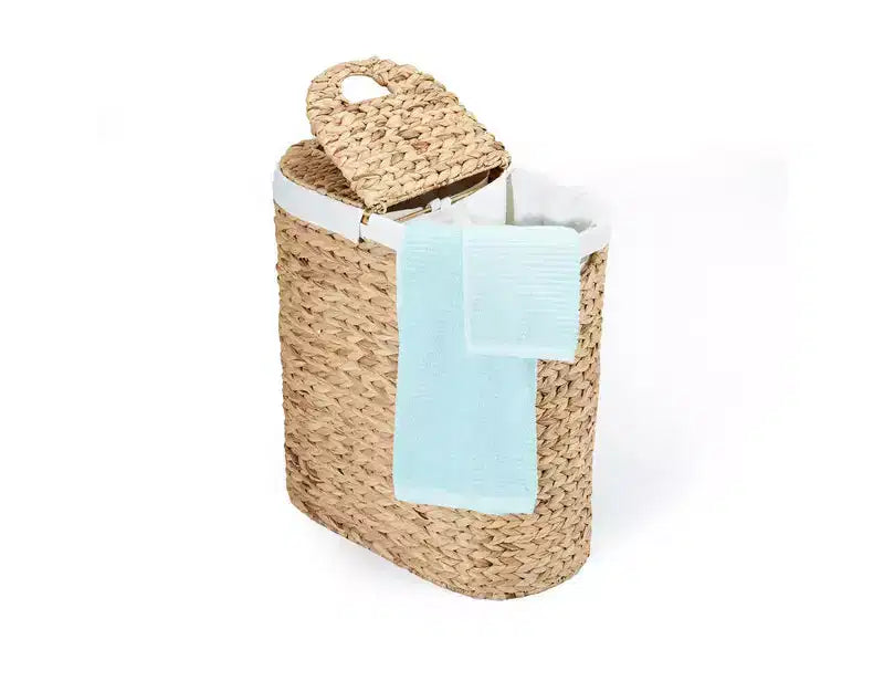 Panier à Linge Double Ovale Tressé à la Main en Jacinthe d'Eau avec Couvercle et 2 Sacs Amovibles Lavables, Panier à Linge en Osier pour Salle de Bain