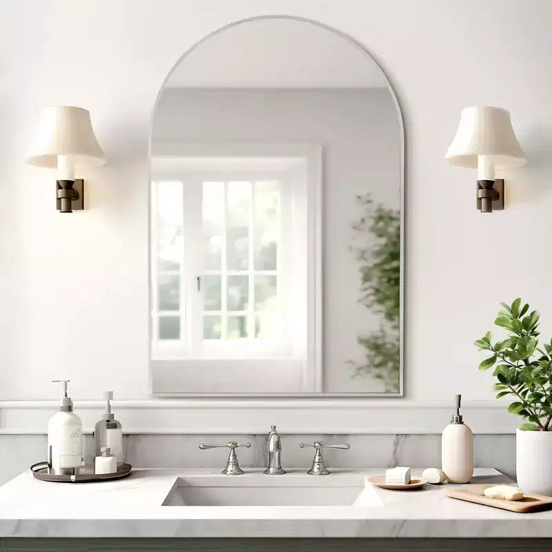 Aluminum Alloy Thin Edge Right Angle Arch-shaped Silver Wall Mirror 91*61*4cm