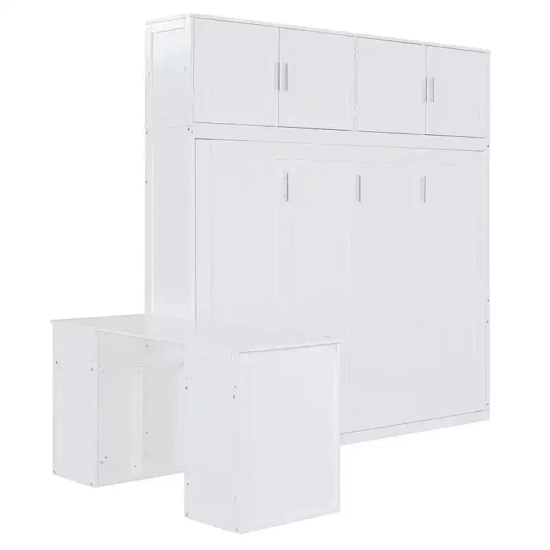Lit escamotable queen size au design moderne, se replie dans un meuble avec bureau et étagères de rangement