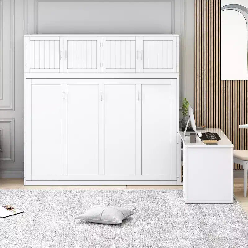 Lit escamotable queen size au design moderne, se replie dans un meuble avec bureau et étagères de rangement