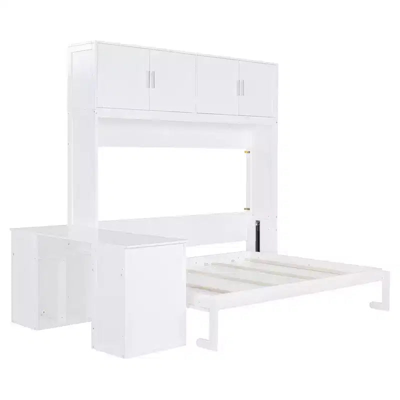 Lit escamotable queen size au design moderne, se replie dans un meuble avec bureau et étagères de rangement
