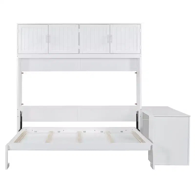 Lit escamotable queen size au design moderne, se replie dans un meuble avec bureau et étagères de rangement