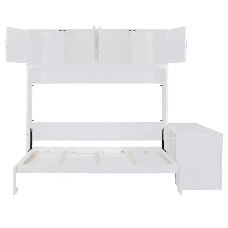 Lit escamotable queen size au design moderne, se replie dans un meuble avec bureau et étagères de rangement