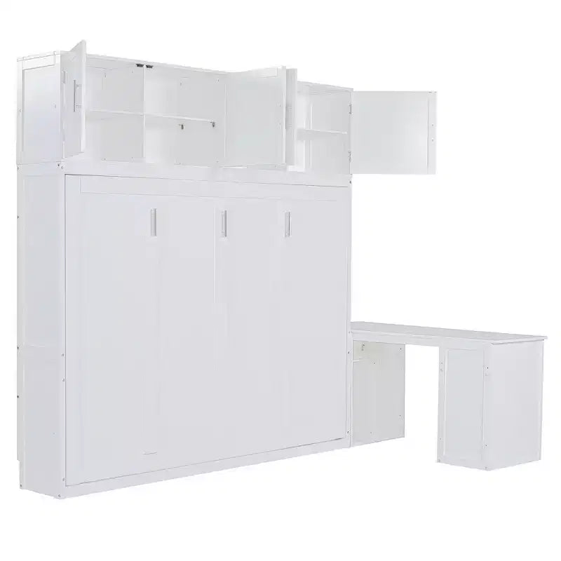 Lit escamotable queen size au design moderne, se replie dans un meuble avec bureau et étagères de rangement