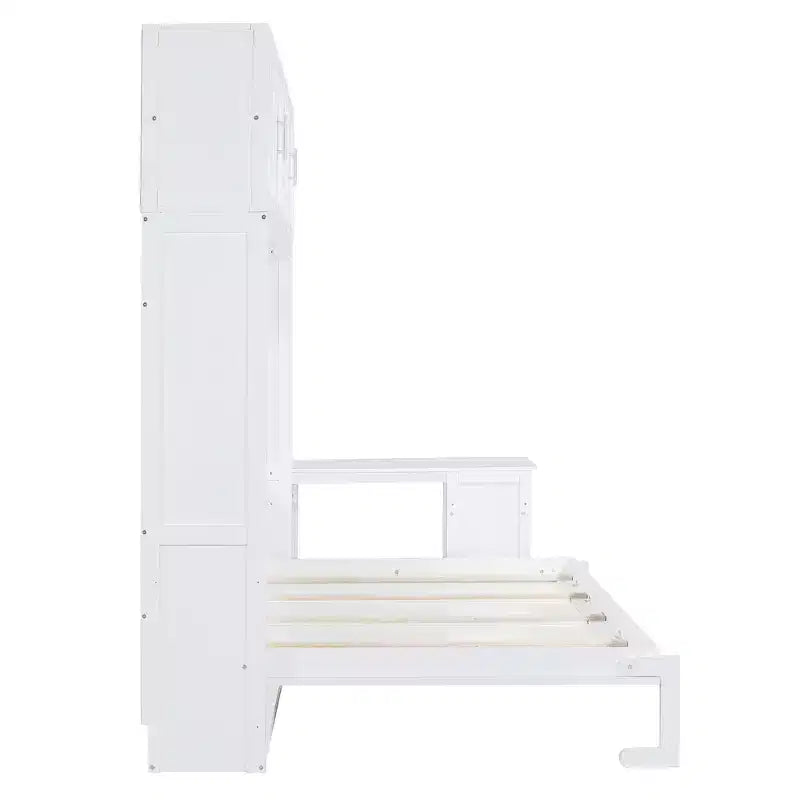 Lit escamotable queen size au design moderne, se replie dans un meuble avec bureau et étagères de rangement