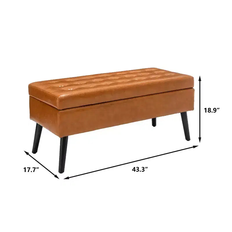 Banc de rangement 43,3 po de largeur pour chambre à coucher, banc de bout de lit, ottoman d'entrée avec pieds en bois massif, revêtement en lin/similicuir, capacité de 300 lb