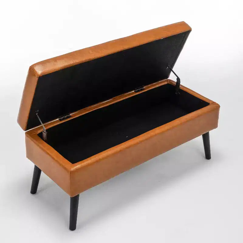 Banc de rangement 43,3 po de largeur pour chambre à coucher, banc de bout de lit, ottoman d'entrée avec pieds en bois massif, revêtement en lin/similicuir, capacité de 300 lb
