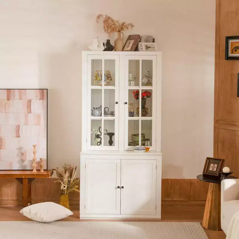 36W Display Cabinet Storage Cabinet Hutch Cabinet Accent Cabinet with 2 Glass Doors & 2 Adjustable Shelves, White-ModernLuxe