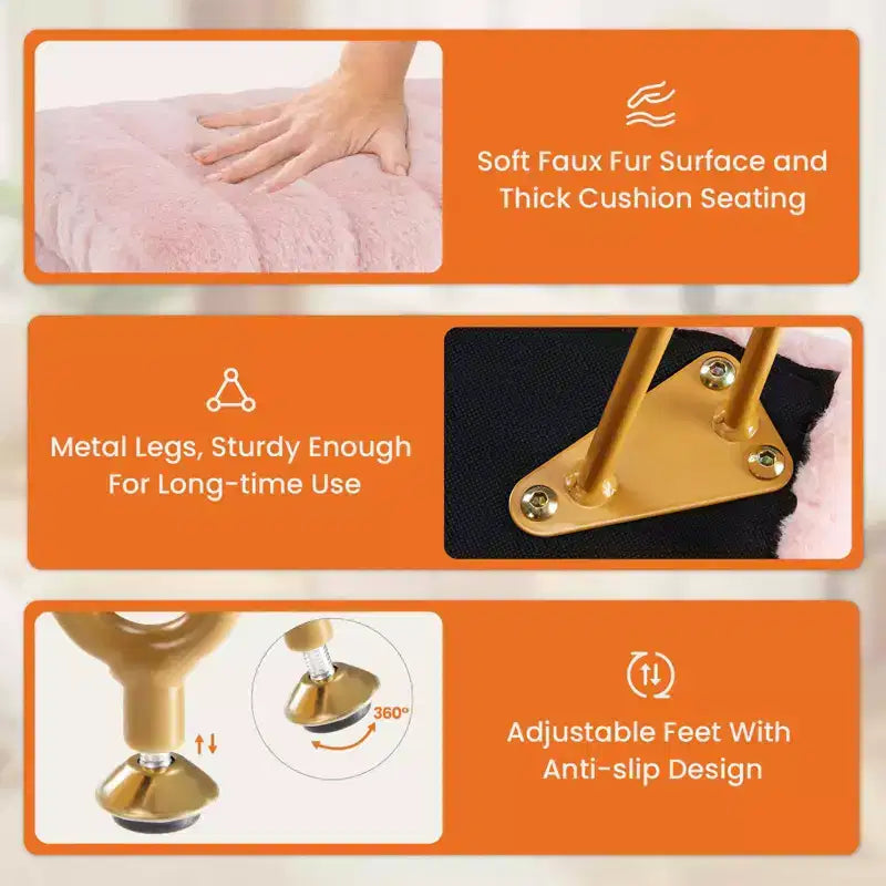 Tabouret de Coiffeuse avec Rangement, Pouf en Fausse Fourrure Doux Rembourré, Repose-Pieds de Maquillage avec 4 Pieds Métalliques, Pieds Réglables Antidérapants, Moderne
