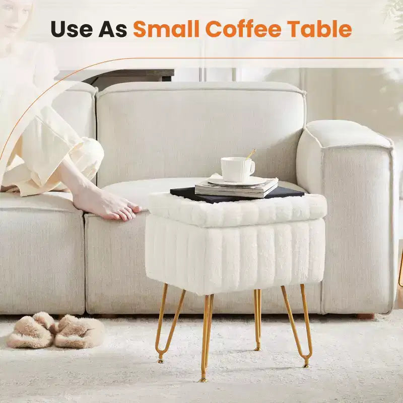 Tabouret de Coiffeuse avec Rangement, Pouf en Fausse Fourrure Doux Rembourré, Repose-Pieds de Maquillage avec 4 Pieds Métalliques, Pieds Réglables Antidérapants, Moderne
