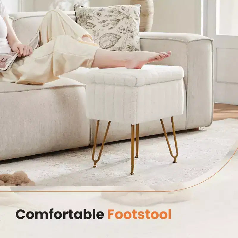 Tabouret de Coiffeuse avec Rangement, Pouf en Fausse Fourrure Doux Rembourré, Repose-Pieds de Maquillage avec 4 Pieds Métalliques, Pieds Réglables Antidérapants, Moderne