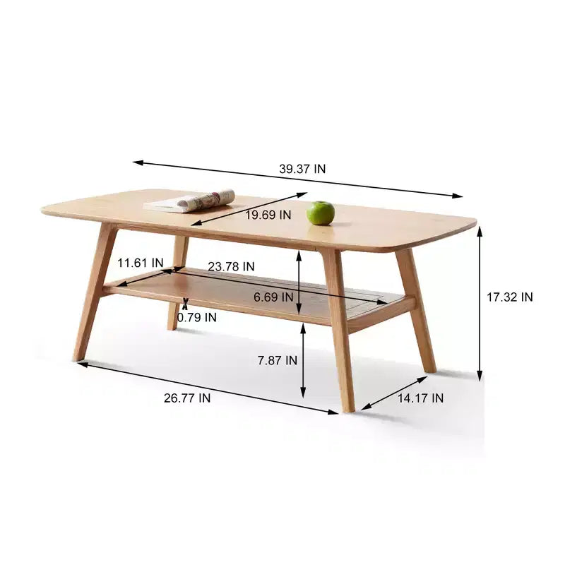 Table basse rectangulaire moderne en chêne massif avec étagère de rangement