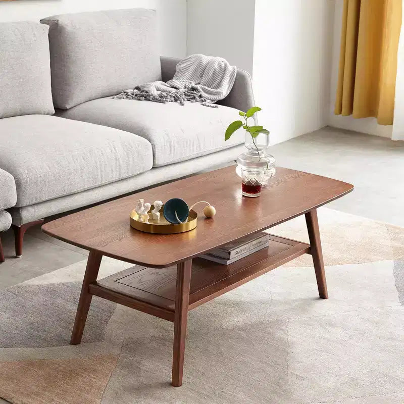 GDFStudio Wright Modern Solid Oak Wood Rectangle Coffee Table With Storage Shelf