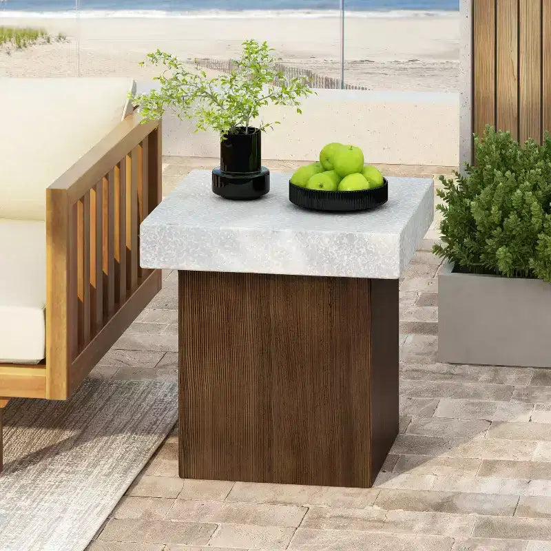 Sophisticated Square Side Table with Antique White Top and Antique White-Natural Wood Frame