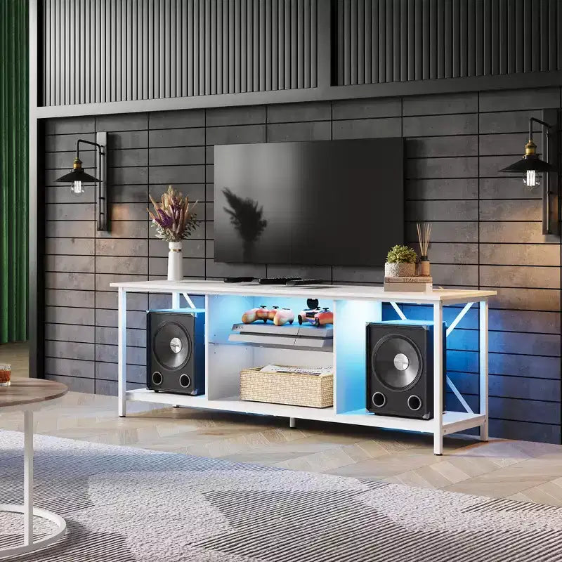 Meuble TV de 55 pouces pour téléviseur de 65 pouces, meuble de divertissement industriel avec lumières LED et étagère en verre, console TV pour salon/chambre
