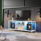 Meuble TV de 55 pouces pour téléviseur de 65 pouces, meuble de divertissement industriel avec lumières LED et étagère en verre, console TV pour salon/chambre
