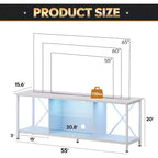Meuble TV de 55 pouces pour téléviseur de 65 pouces, meuble de divertissement industriel avec lumières LED et étagère en verre, console TV pour salon/chambre