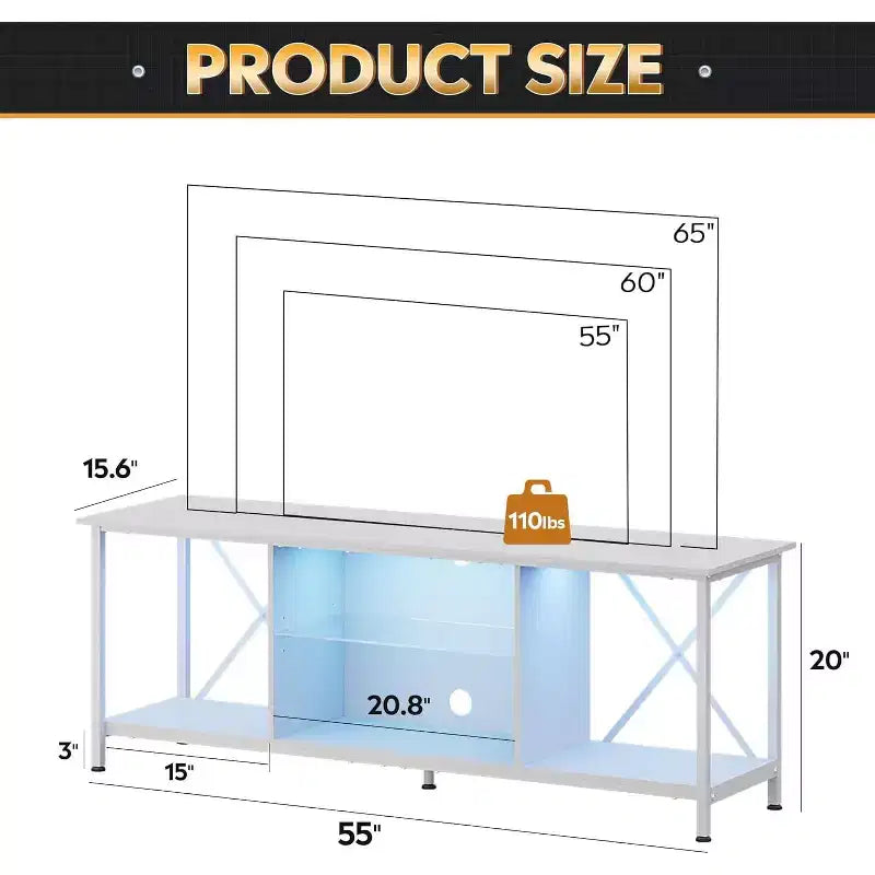 Meuble TV de 55 pouces pour téléviseur de 65 pouces, meuble de divertissement industriel avec lumières LED et étagère en verre, console TV pour salon/chambre