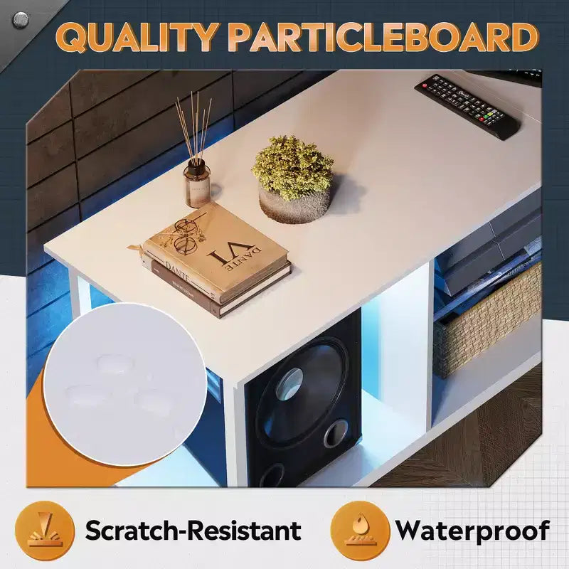 Meuble TV de 55 pouces pour téléviseur de 65 pouces, meuble de divertissement industriel avec lumières LED et étagère en verre, console TV pour salon/chambre