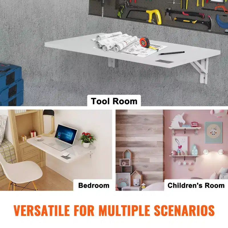 Table murale pliante, table murale rabattable de 60 x 40 cm, bureau flottant avec support en fer, bureau pliable