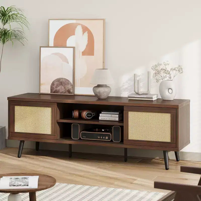 Meuble TV Mid-Century de 160 cm pour téléviseurs jusqu'à 75", Meuble console de divertissement avec placards de rangement et étagères ouvertes pour salon