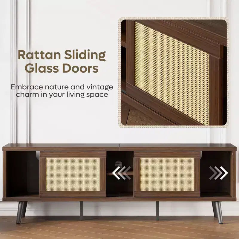 Meuble TV Mid-Century de 160 cm pour téléviseurs jusqu'à 75", Meuble console de divertissement avec placards de rangement et étagères ouvertes pour salon