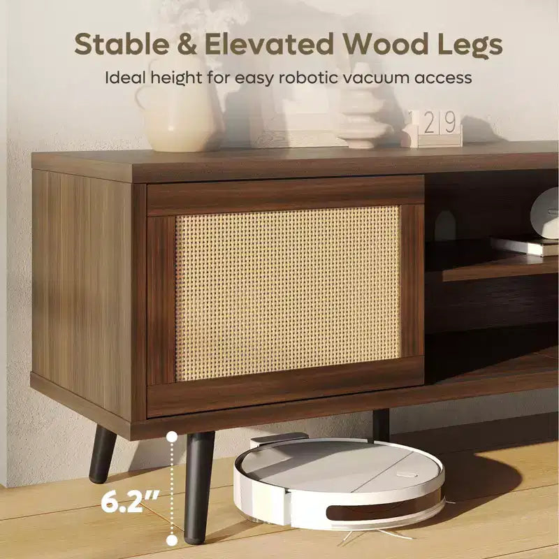 Meuble TV Mid-Century de 160 cm pour téléviseurs jusqu'à 75", Meuble console de divertissement avec placards de rangement et étagères ouvertes pour salon