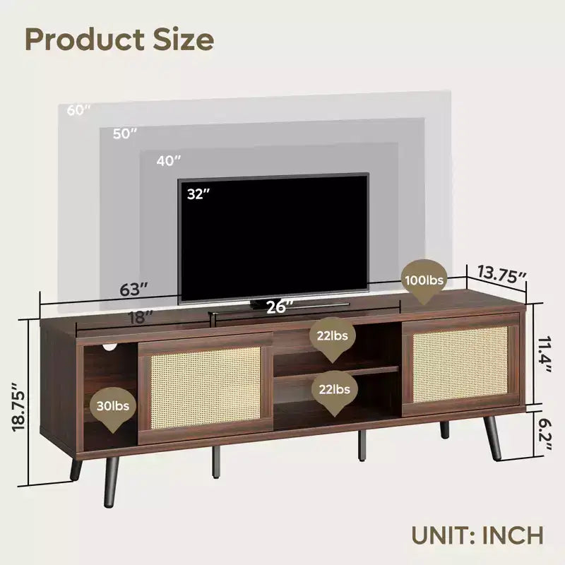 Meuble TV Mid-Century de 160 cm pour téléviseurs jusqu'à 75", Meuble console de divertissement avec placards de rangement et étagères ouvertes pour salon