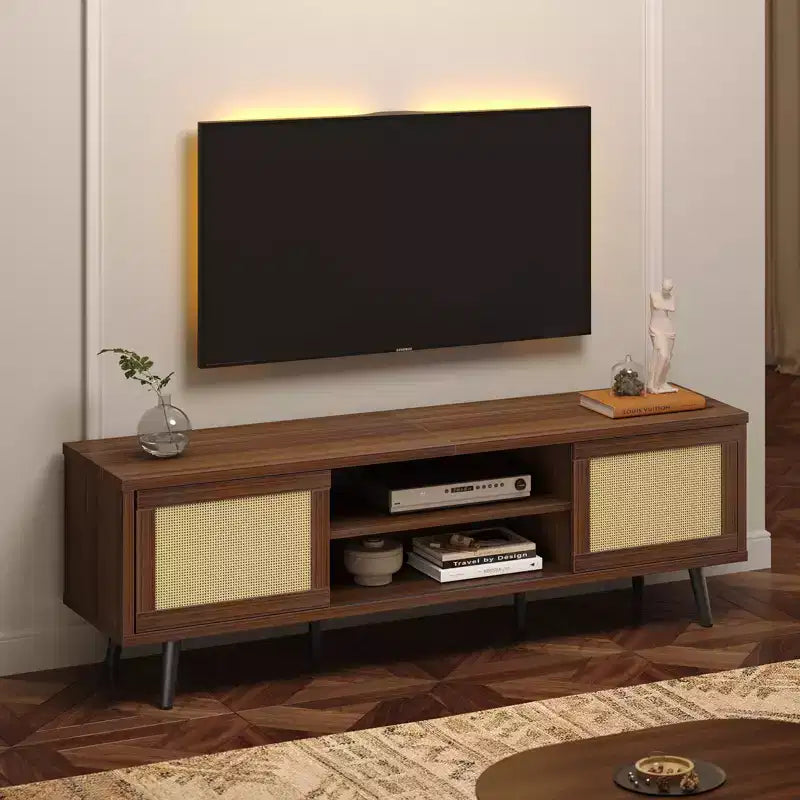 Meuble TV Mid-Century de 160 cm pour téléviseurs jusqu'à 75", Meuble console de divertissement avec placards de rangement et étagères ouvertes pour salon