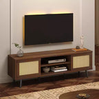 Meuble TV Mid-Century de 160 cm pour téléviseurs jusqu'à 75", Meuble console de divertissement avec placards de rangement et étagères ouvertes pour salon