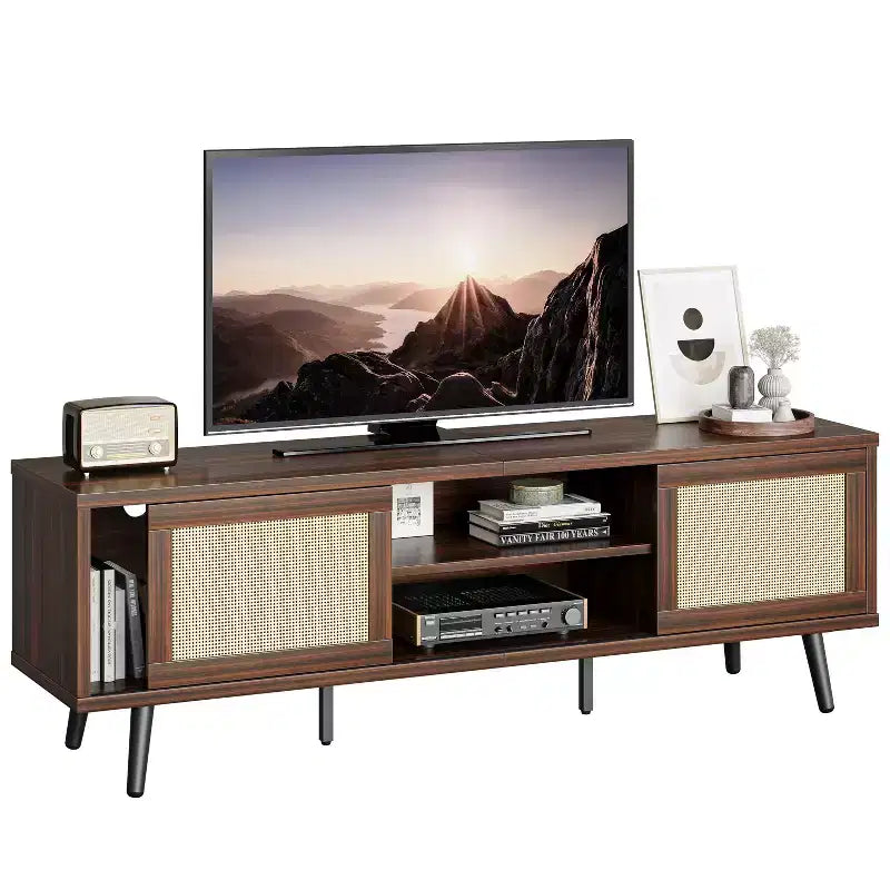 Meuble TV Mid-Century de 160 cm pour téléviseurs jusqu'à 75", Meuble console de divertissement avec placards de rangement et étagères ouvertes pour salon