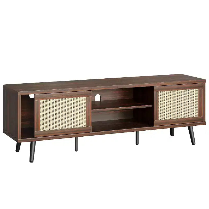 Meuble TV Mid-Century de 160 cm pour téléviseurs jusqu'à 75", Meuble console de divertissement avec placards de rangement et étagères ouvertes pour salon
