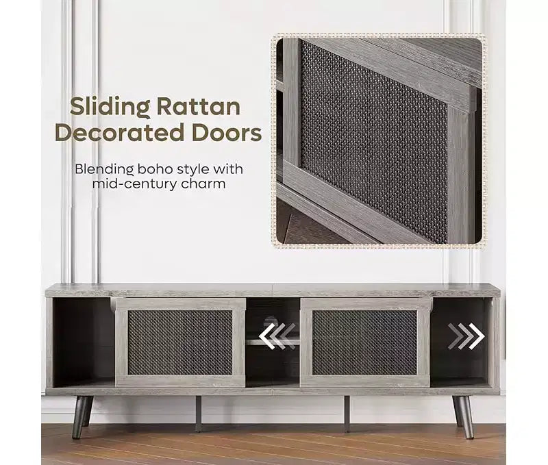 Meuble TV Mid-Century de 160 cm pour téléviseurs jusqu'à 75", Meuble console de divertissement avec placards de rangement et étagères ouvertes pour salon